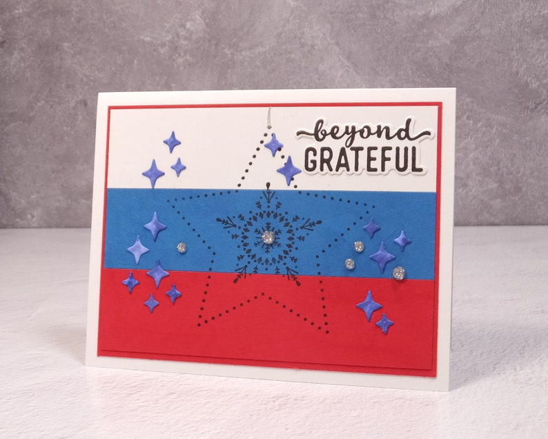 Carte patriotique faite à la main Stampin Up Many Merry Stars Carte militaire patriotique Beyond Grateful Thankful Stars & Stripes Carte thématique image 2