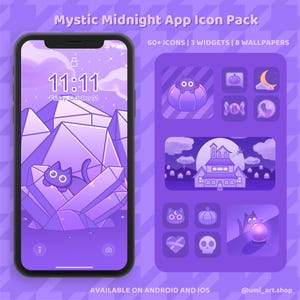 May include: A smartphone displays a purple Mystic Midnight App Icon Pack. The screen shows a cat illustration on a crystal background, with the time 11:11. The pack includes 60+ icons, 3 widgets, and 8 wallpapers. The text "Available on Android and iOS" is also visible.