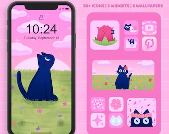 Pink Meadows App Icon Pack | Kawaii Black Cats, iOS & Android (Digital Download)