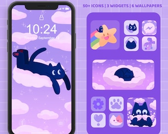 Purple Galaxy Cat App Icon Pack | iOS & Android Home Screen (Digital Download)