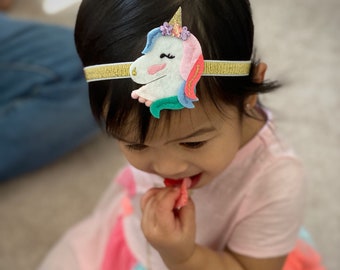 Felt Unicorn Headband Hair Bow Nylon Headbands, Unicorn Hair Bow - Infant to Newborn Baby Girl Headband Glitter Gold