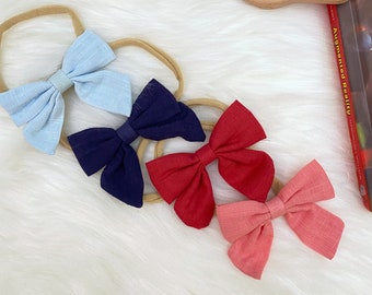Schoolgirl Bows Sailor Bow Patriotic Linen Bows, Spring Bows, Baby Hair Bows, Photo Prop Baby Girl Toddler Headband, Baby Bow Hair Clip