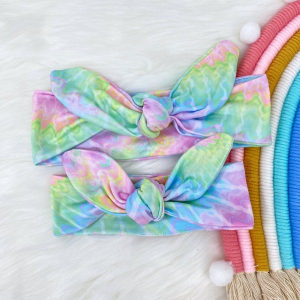 Mommy and Me Headband Set, Tie Dye Mom and Me knotted head wrap set, Tie Dye Knotted Bow Toddler, Baby girl matching bow knot Head wrap
