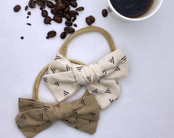 Vanilla + Mocha Linen Nylon Headband, Linen Bow Headband, Baby Hair Bows, Photo Prop Baby Girl Toddler Headband, Baby Bow Hair Clip