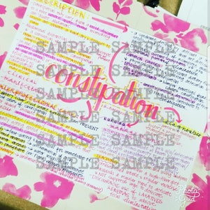 May include: A handwritten note with the word "Constipation" in large pink and yellow lettering. The note provides information about constipation, including causes, symptoms, diagnosis, and treatment. The note is decorated with pink and yellow flowers.
