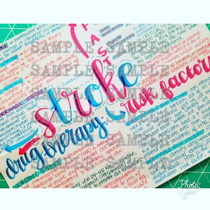 May include: A handwritten note with the word "Stroke" in large, colorful letters. The note includes information about stroke, including risk factors, symptoms, and treatment options. The note is written in a variety of colors, including pink, blue, and green.