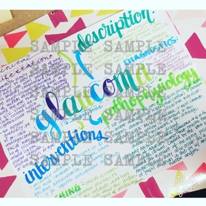 May include: Handwritten notes on a white page with a blue, green, and purple gradient title "Glaucoma". The notes describe the clinical manifestations, interventions, pathophysiology, and diagnostics of glaucoma. The notes include the text "dianeknstine" and "↑ IOP results when the rate of aqueous production (intraocular) is greater than aqueous reabsorption (outflow). If pressure remains elevated, permanent vision loss may occur."