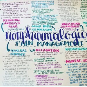 May include: A handwritten page of notes on non-pharmacological pain management techniques for childbirth. The page is divided into sections with headings like "General Comfort", "Relaxation", "Hydration Therapy", "Breathing Techniques", and "Mental Stimulation". Each section includes bullet points with descriptions of different techniques.