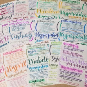 May include: A collection of colorful handwritten notes on white paper, each with a different medical condition title, including Addison's Disease, Cushing's Disease, Hypoparathyroidism, Hyperparathyroidism, Hyperaldosteronism, Acromegaly, Anterior Pituitary Disorders, Hypopituitarism, Diabetes, and Hypothyroidism. The notes include information about the pathophysiology, manifestations, complications, and nursing care for each condition.