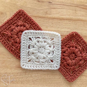 May include: Three crocheted squares, one white and two rust colored, with a floral design in the center of each square.