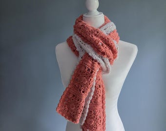 Lacy Puff Stitch Granny Square Scarf | Strawberries and Cream Crochet Scarf Pattern | Crochet Granny Square Pattern | PDF Pattern