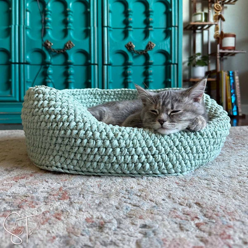 May include: A light green crocheted cat bed with a gray cat sleeping inside. The cat bed is on a light gray rug.
