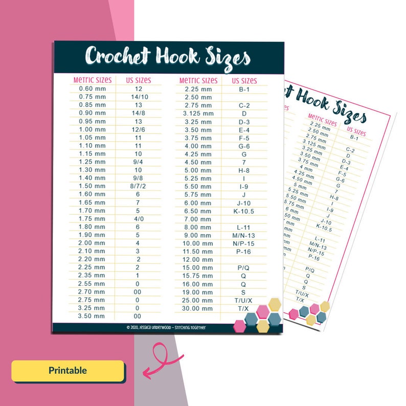 May include: A printable chart with crochet hook sizes in both metric and US sizes. The chart is divided into two columns, one for metric sizes and one for US sizes. The chart is printed on a white background with a pink border.