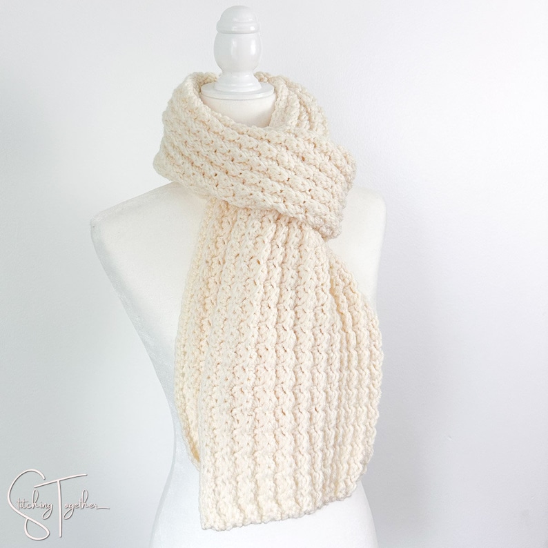Cream Textured Ribbed Scarf crochet pattern listing photo by StitchingTog