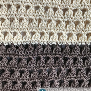 May include: Close-up of a crocheted fabric with a beige top section and a brown bottom section. The fabric has a repeating pattern of small squares with holes in the center.