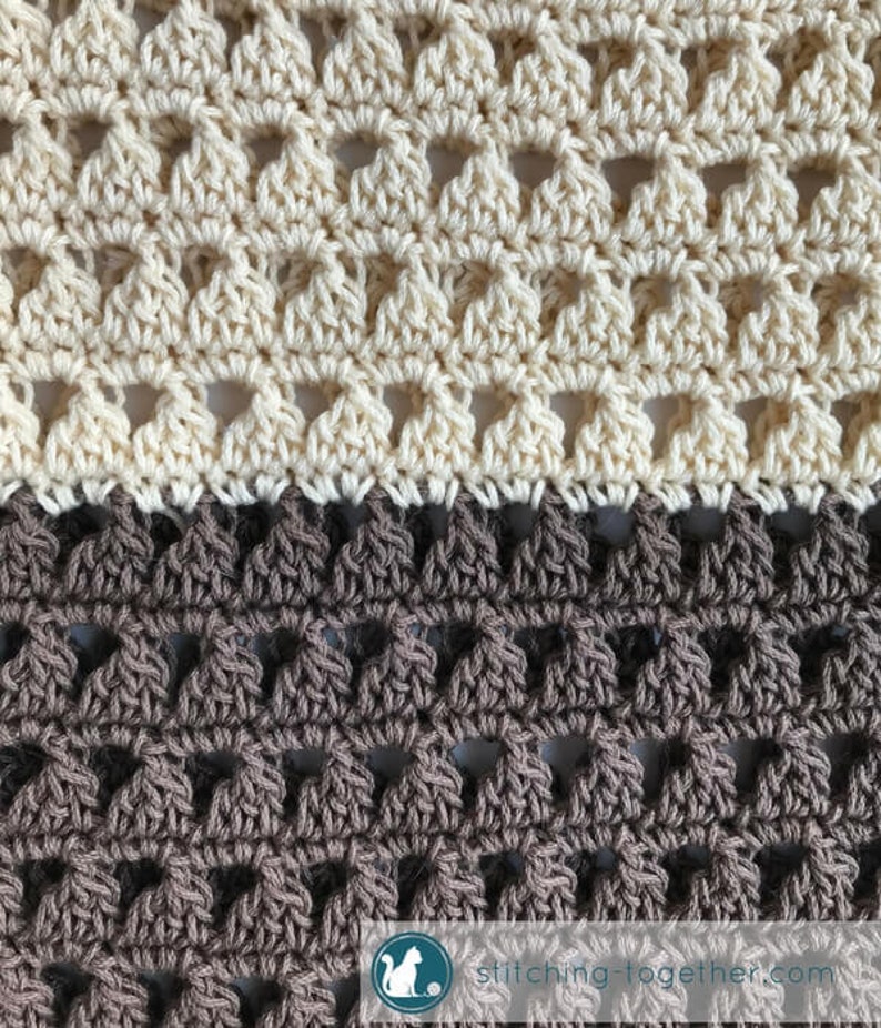 May include: Close-up of a crocheted fabric with a beige top section and a brown bottom section. The fabric has a repeating pattern of small squares with holes in the center.