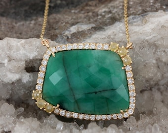 Natural 12.35 Ct. Emerald Gemstone Pendant Diamond Solid 14k Yellow Gold Necklace Handmade Fine Jewelry Gift For Women's/Mother's Day Gift