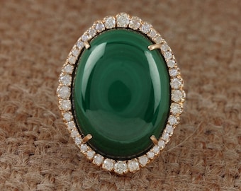Handgemachte 14k Gelb Gold Malachit Ring mit Diamant Pave