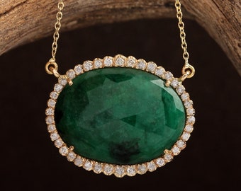 Natural 12.35 Ct Oval Shape Emerald Pendant Diamond Solid 14k Yellow Gold Necklace Handmade Fine Jewelry Gift/Engagement/Mother's Day