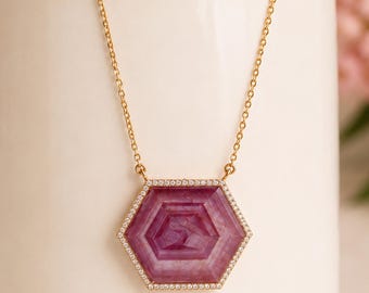31.60 Ct Pink Sapphire Octagon Pendant, 14K Yellow Gold, Diamond Accents (Handmade)