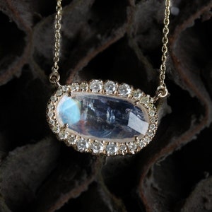 Natural 2.17 Ct. Blue Moonstone Pave Diamonds Pendant Chain Necklace Handmade Solid 14k Yellow Gold Fine Jewelry/Engagement Gift For Her