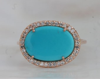 Genuine 2.06 Ct. Oval Shape Turquoise Gemstone Cocktail Ring Solid 14k Rose Gold Handmade Fine Jewelry Gift For Women/Mother&#39;s Day Gift
