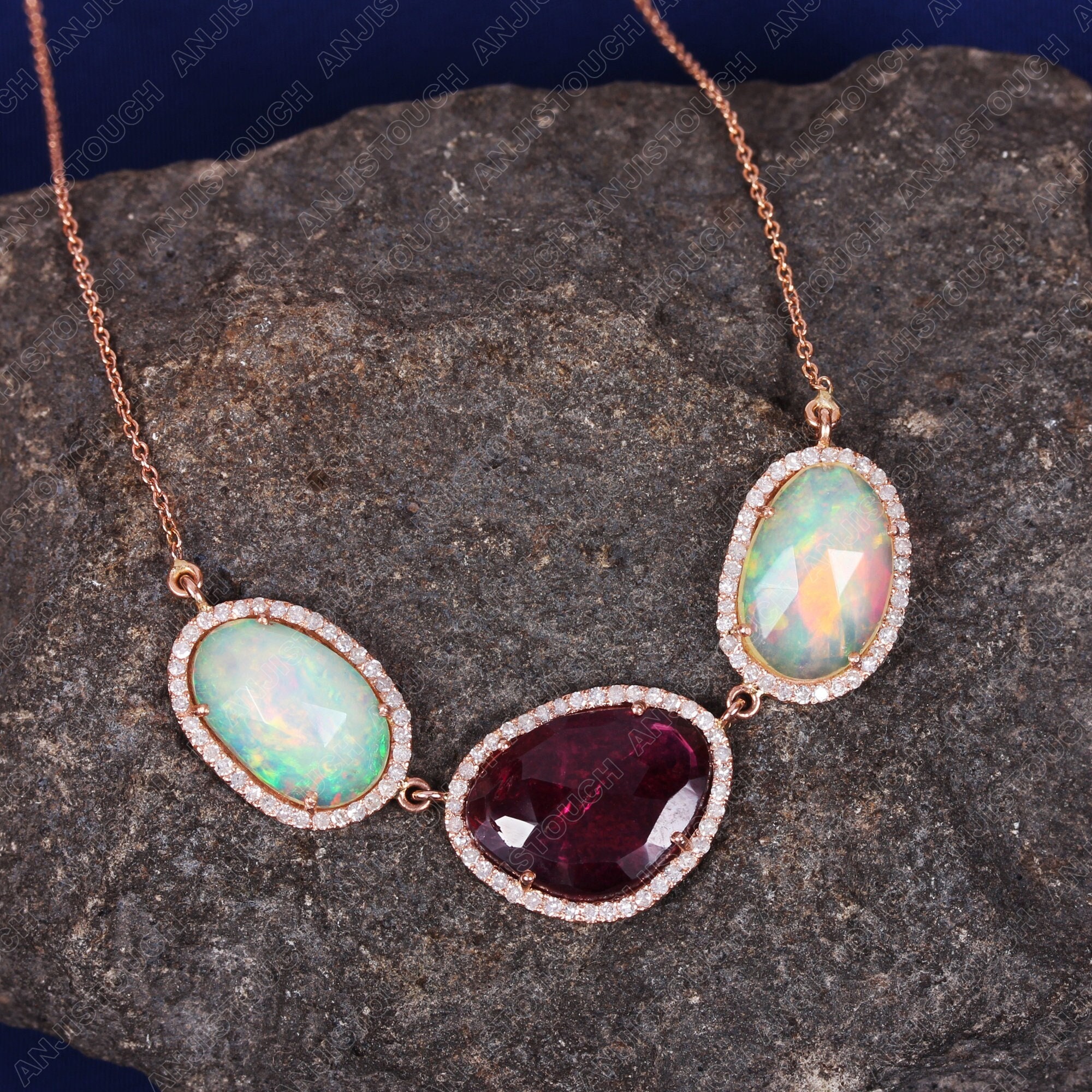 Natural  7.73 Ct Tourmaline, Opal Gemstone Pave Diamond Solid 14k Yellow Gold Chain Necklace Pendant Handmade Fine Party Wear Jewelry