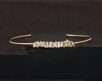 Baguette Diamond Cuff Bangle: 14k Yellow Gold Zig Zag Bracelet