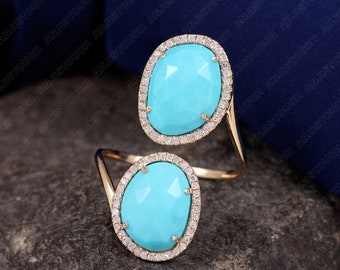 Anillo de oro amarillo de 14 k con turquesa: joyería fina hecha a mano con diamantes