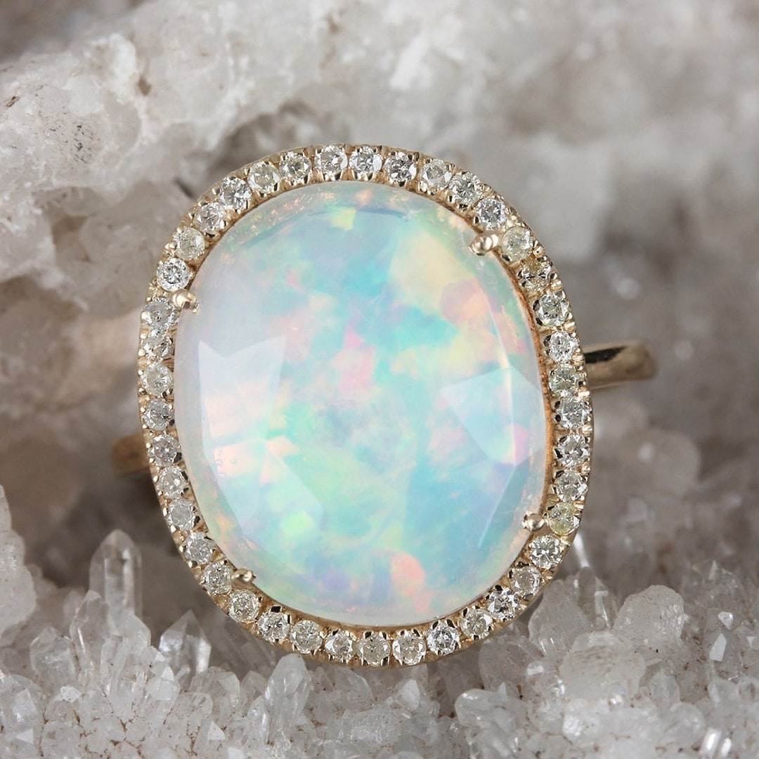 Natural Opal Diamond Ring: 14k Yellow Gold Bridal Statement Ring, Size 