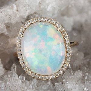 Natural Opal Diamond Ring: 14k Yellow Gold Bridal Statement Ring, Size 7