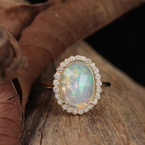 Genuine 1.52 Ct Ethiopian Opal Natural Diamond Pave Ring Party Wear Solid 14k Yellow Gold Handmade Wedding Fine Jewelry/Mother's Day Gift