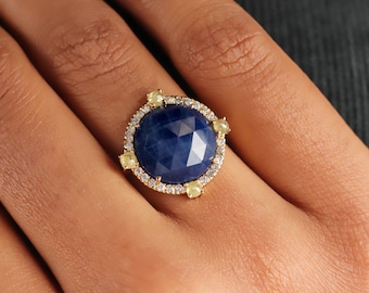 Genuine 9.70 Ct. Natural Blue Sapphire Gemstone Diamond Round Shape Ring handmade Solid 14k Yellow Gold fine Engagement Jewelry