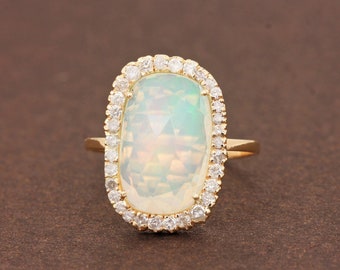 Ethiopian Opal Diamond Ring: 14k Yellow Gold Fine Jewelry, Size 7