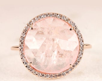 Genuine 4.77 Ct Morganite Gemstone Cocktail Ring Handmade Solid 14k Rose Gold Pave Diamonds Fine Jewelry Christmas Gift For Women/Halloween