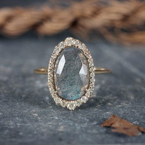 Labradorite Diamond Ring: 14k Yellow Gold Statement Ring, Size 7