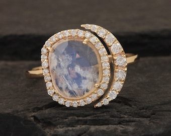 One of Kind Natural Blue Moonstone 0.32 Ct. Genuine Pave Diamonds Half Moon Ring Solid 14k Yellow Gold Fine Jewelry Anniversary Gift for Her