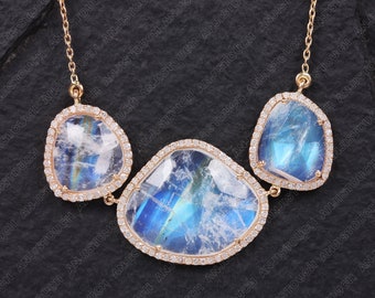 Collar con colgante de diamante y piedra lunar en oro amarillo de 14 k hecho a mano