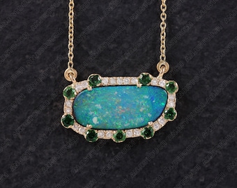 Natural Pave Diamonds Australian Doublet Opal, Tsavorite Pendant Solid 14k Yellow Gold Necklace Handmade Fine Jewelry Bday/Mother&#39;s Day Gift