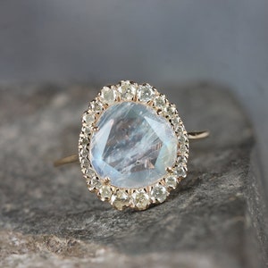 Genuine 2.13 Ct Blue Moonstone Gemstone Cocktail Ring Diamond Prong Solid 14k Yellow Gold Handmade Fine Jewelry Christmas Gift For Her