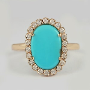 Real 1.10 Ct. Oval Shape Turquoise Pave Diamond Delicate Ring Solid 14k Yellow Gold Handmade Wedding Jewelry Christmas Day Gift For Her