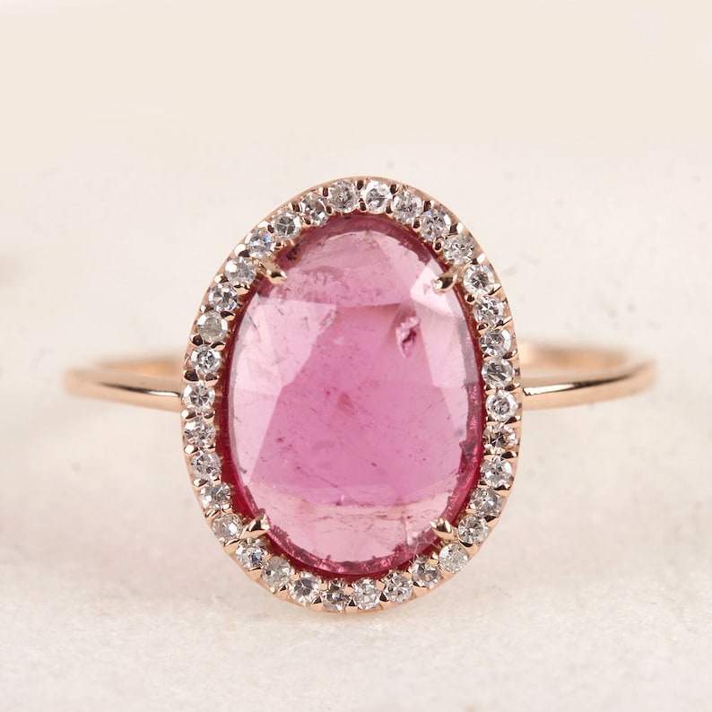 Genuine 1.37 Ct Pink Tourmaline Gemstone Cocktail Ring Diamond Pave Solid 14k Rose Gold Fine Jewelry Thanksgiving Day Gift For LOVE