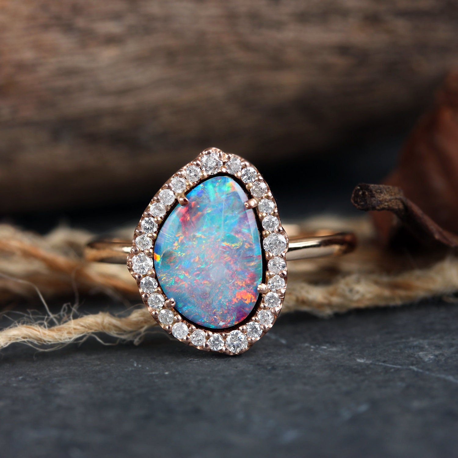 Solid 14k Rose Gold Real 1.15 Ct Doublet Opal Pave Diamond | Etsy