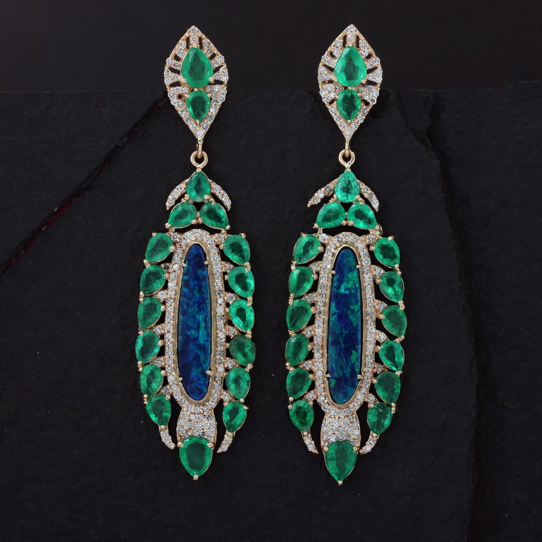 Genuine 8.55 Ct. Real Emerald & Opal Gemstone Diamond Dangle - Etsy