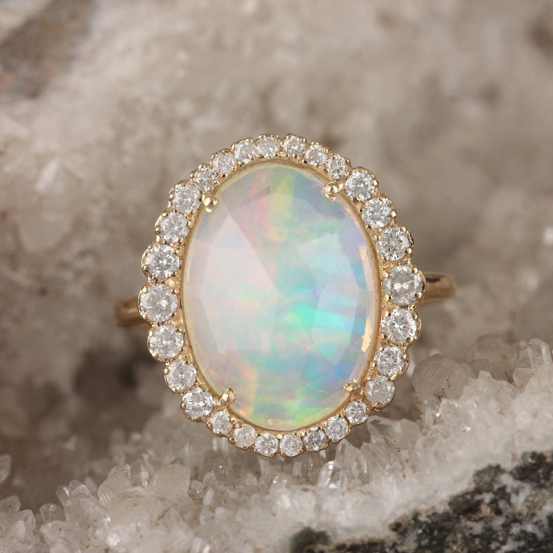 Ethiopian Opal Ring: 2.51 Ct Oval, Pave Diamond, 14k Yellow Gold - Etsy