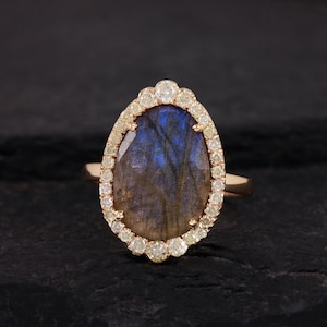 Labradorite Diamond Ring: 14k Yellow Gold Statement Ring, Size 7