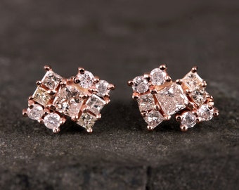 Pendientes de diamantes pavé hechos a mano: joyería fina de oro rosa de 14 quilates