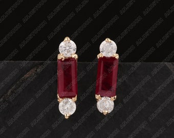 Natural 0.54 Ct. Ruby Baguette Gemstone Solid 14K Yellow Gold Stud Earrings Pave Diamonds Handmade Fine Jewelry Gift For Women's