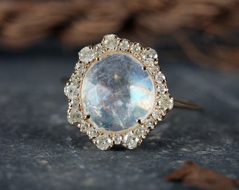 Natural 2.01 Ct. Blue Moonstone June Birthstone Gemstone Pave Diamond Ring Real 14k Yellow Gold Fine Jewelry Gift for Women/Engagement Gift
