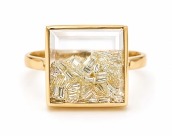 14K guldkristallkvarts baguette diamant shakerring, geometriska statementsmycken